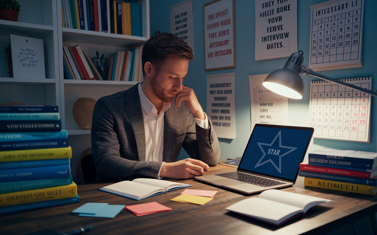 A candidate preparing for a behavioral interview in a cozy study room filled with books on interview skills. The scene should include a desk with a laptop displaying the STAR method, notes, and index cards. A soft glow from a desk lamp creates an inviting atmosphere, while the walls are adorned with motivational quotes and a calendar marked with interview dates.