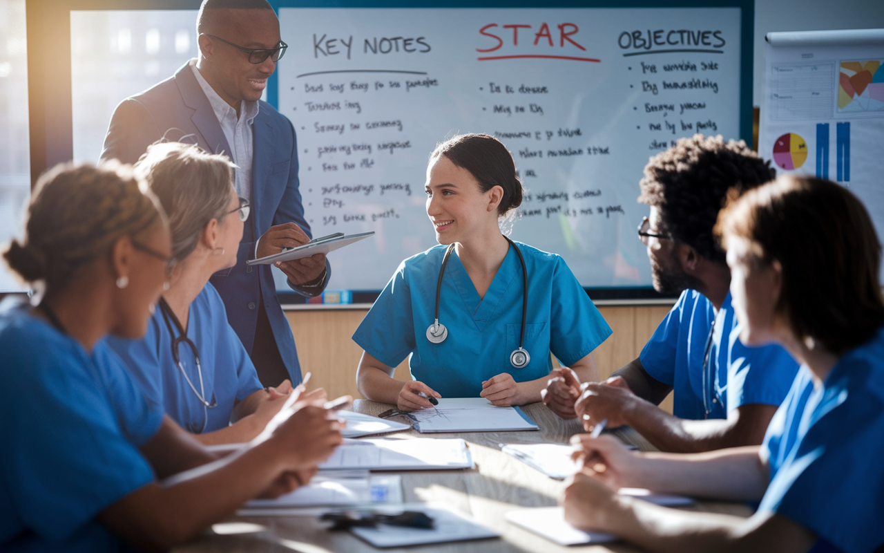 A visual representation of a collaborative medical team meeting, where a young woman in scrubs engages in conversation with a fellow team member, illustrating the STAR method. The room is filled with a whiteboard displaying key notes and objectives. The atmosphere is productive and focused, with diverse team members actively contributing ideas. Sunlight filters through the windows, casting a motivational glow on the scene.