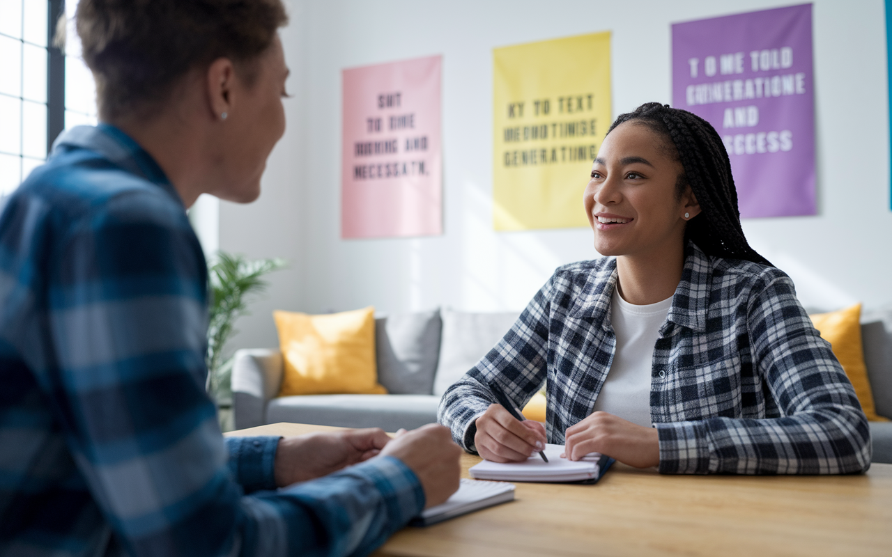 A young woman participating in a mock interview with a mentor, sitting face-to-face in a bright, inviting room. The mentor is attentively listening and taking notes, while the candidate appears poised and confident, utilizing a notepad for prompts. The atmosphere is supportive, capturing the essence of preparation and learning, with motivational posters on the walls emphasizing growth and success.