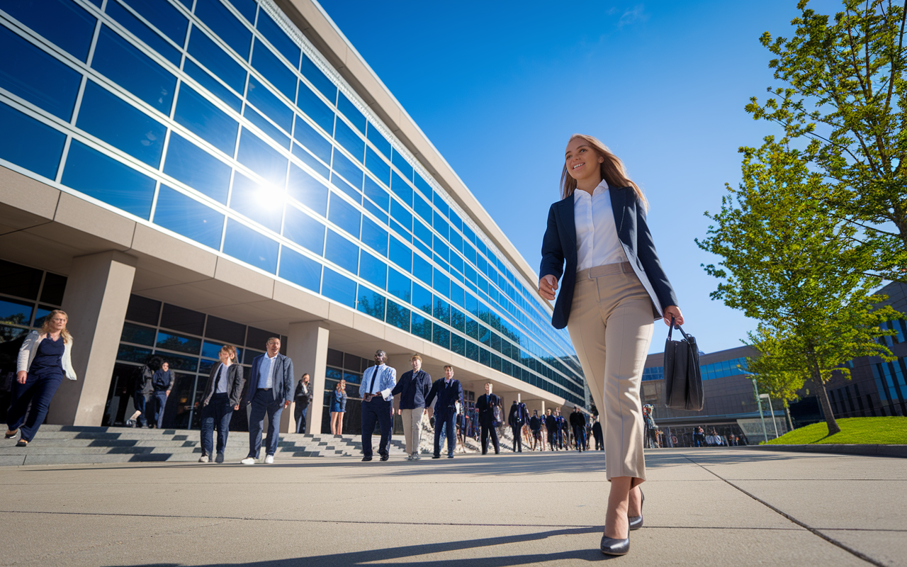 A confident young woman in professional attire walks towards a medical school building, embodying determination and readiness. The building is an impressive structure with large windows reflecting the sunlight, symbolizing opportunity. The campus is bustling with activity, displaying diversity among aspiring medical professionals. The sky is bright blue, reinforcing an atmosphere of hope and ambition.