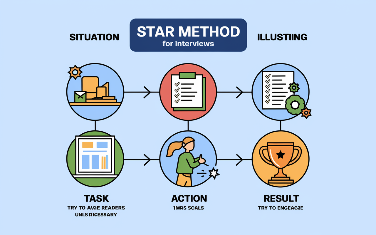 An infographic explaining the STAR method in storytelling for interviews. The visual includes a flowchart with four segments: Situation, Task, Action, Result. Each section features relatable illustrations, such as an office for 'Situation', a checklist for 'Task', a person taking action for 'Action', and a trophy for 'Result'. The colors are bright and inviting, aiming to engage readers and facilitate understanding.