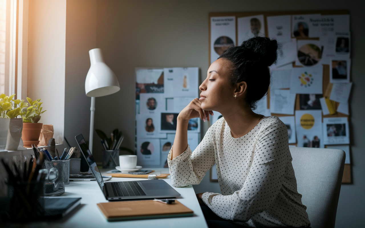 A serene scene depicting a candidate reflecting on their career journey in a cozy setting, perhaps at home. The candidate, a young woman, sits at a desk cluttered with personal mementos and a laptop, deep in thought about her past experiences. Natural light shines through a nearby window, illuminating a vision board filled with career goals and personal achievements, evoking a sense of introspection and passion.