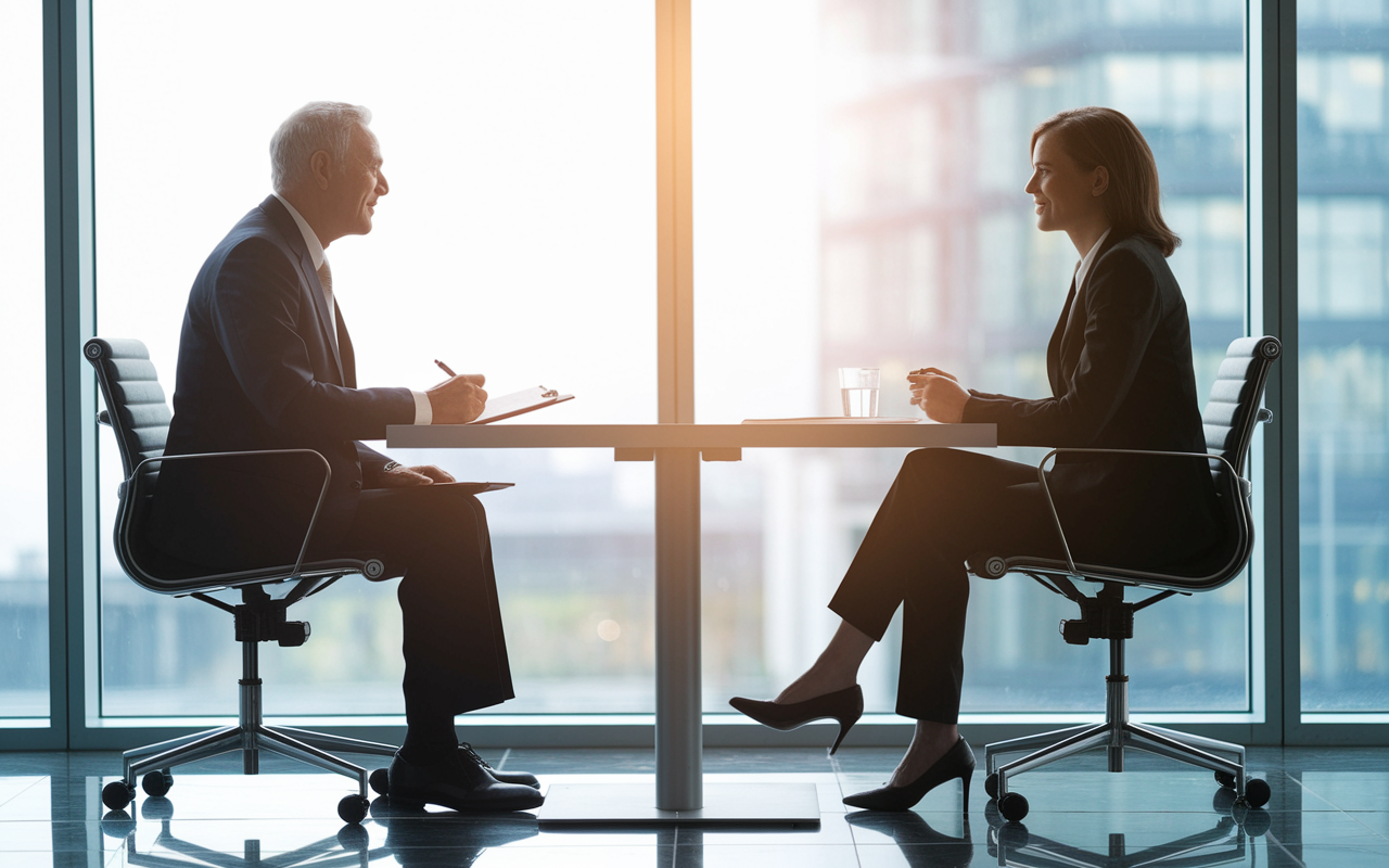 A well-lit modern interview room with a sleek table setup and two chairs facing each other. One side is occupied by an interviewer, an older individual with a professional demeanor, holding a clipboard and jotting down notes, while on the opposite side, a candidate looking attentive and engaged, wearing smart attire. The background features a large window showing a cityscape, suggesting a professional urban setting. Soft, natural light entering the room creates a welcoming atmosphere, highlighting the importance of this interaction.