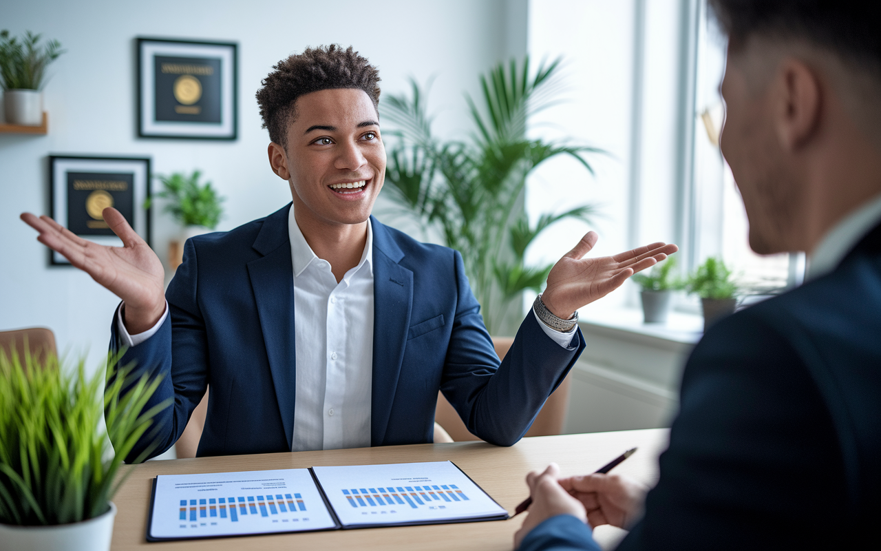 A confident candidate in business attire passionately explaining their role in a team project during an interview. The scene captures their expressive body language as they gesture towards a report filled with data and graphs. The interviewer, seated across the table with an interested expression, attentively listens. The office is well-decorated with plants and framed achievements on the wall, reflecting a professional and positive environment.