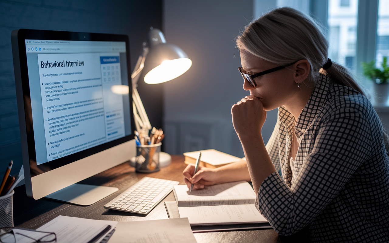 A candidate sitting at a desk surrounded by job descriptions and qualifications while crafting tailored responses for their upcoming behavioral interview. The scene focuses on a computer screen displaying a job post with highlighted keywords. A look of concentration is on the candidate's face, illuminated by the warm glow of the desk lamp, symbolizing the importance of preparation and customization.