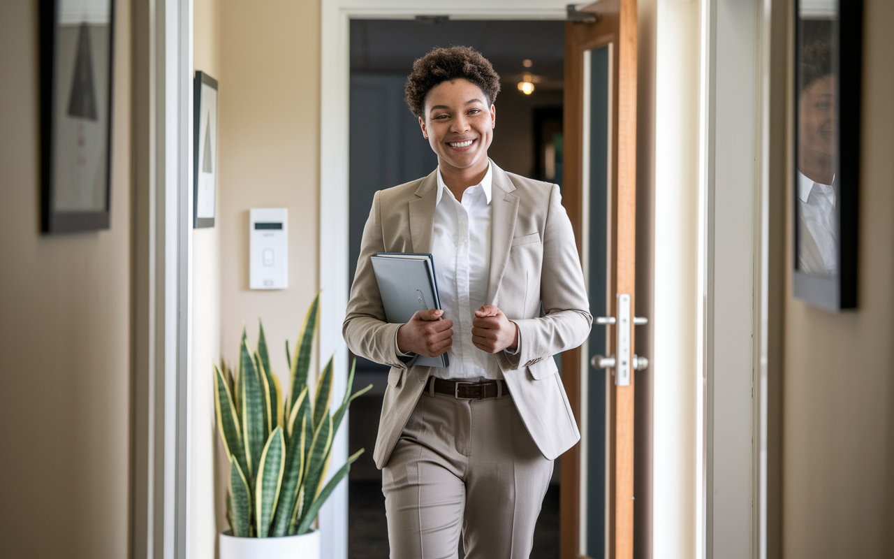 A successful candidate leaving the interview room with a confident smile, clutching a folder of their notes. The hallway is filled with natural light, symbolizing new opportunities ahead. Their attire is professional, and their body language conveys a sense of accomplishment and relief. A potted plant adds a touch of warmth to the environment, representing growth and new beginnings.