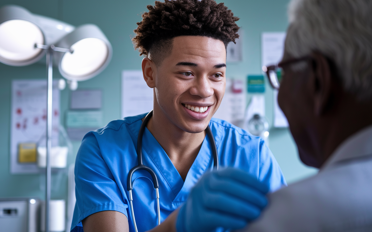 A close-up of a volunteer taking a patient’s vitals, showcasing focus and concentration. The volunteer, a young diverse individual in scrubs, engages warmly with a middle-aged patient. The background features medical equipment, charts, and an atmosphere of calmness, giving a sense of professionalism and care. Soft, diffused light creates a nurturing environment.