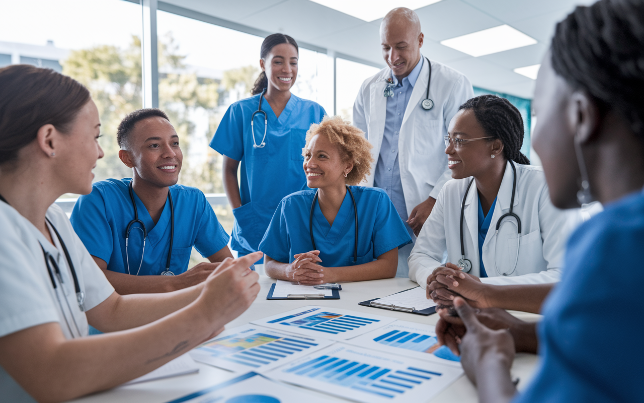 A diverse group of clinical volunteers participating in a staff meeting with healthcare professionals. There are charts and presentations visible, indicating discussions about patient care and logistics. The room, brightly lit and modern, symbolizes collaboration and teamwork in a healthcare setting. The expressions on their faces show engagement and eagerness to learn.