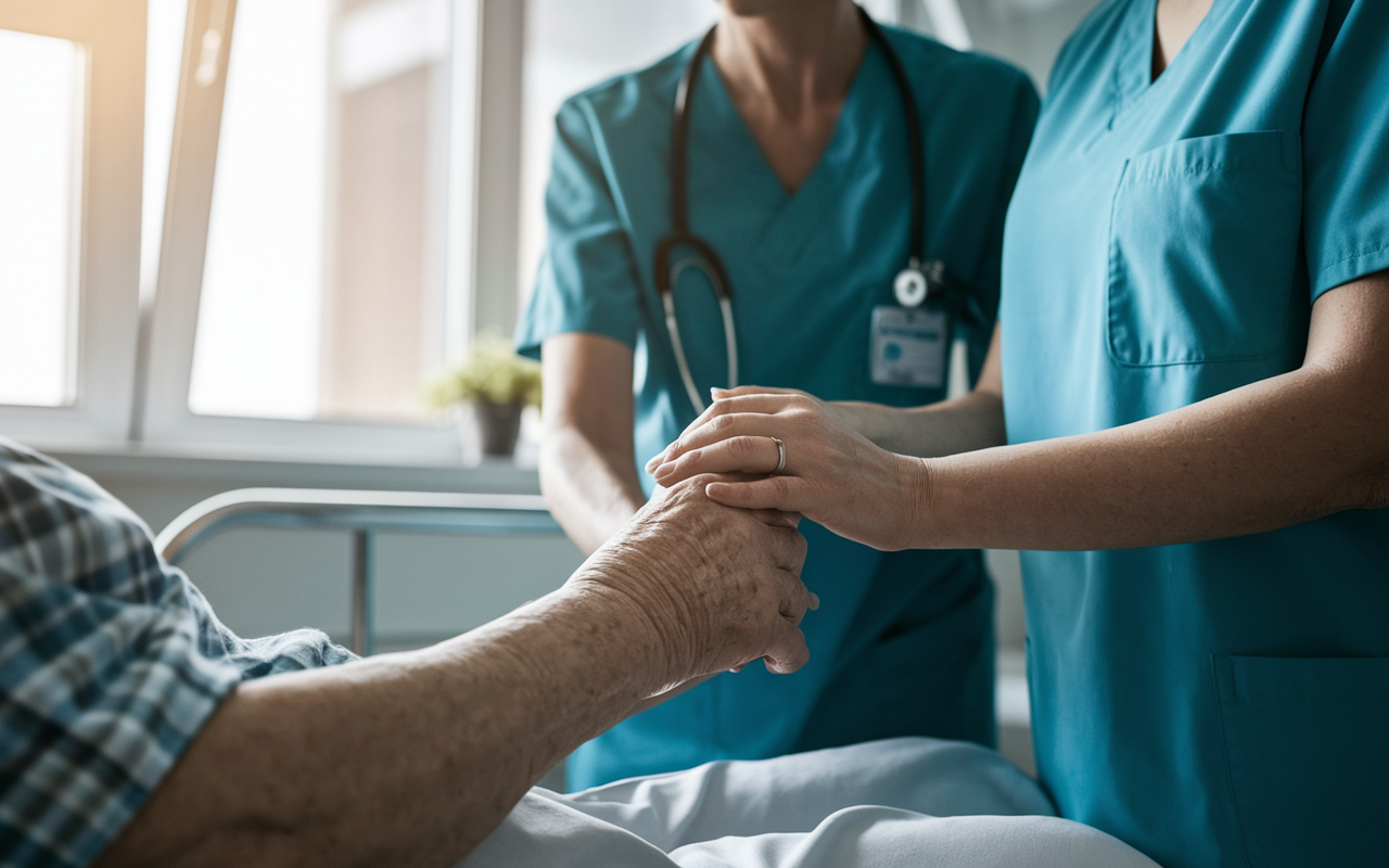 A touching moment in a hospital where a volunteer comforts an elderly patient. The scene captures an intimate exchange between the two, with the volunteer holding the patient's hand, displaying warmth and understanding. The room has soft, natural light filtering in through the window, creating a serene atmosphere. This interaction underscores the human connection in healthcare.