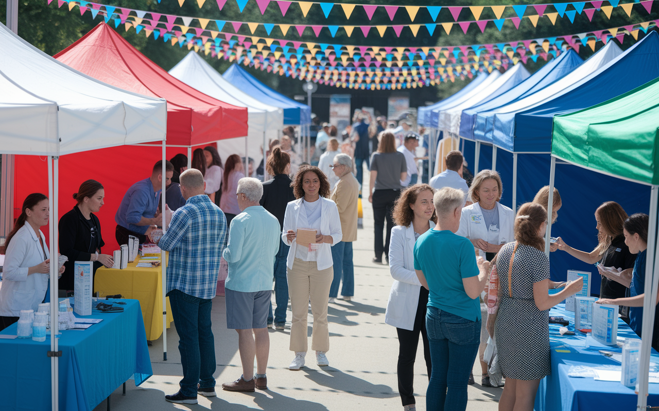 A lively community health fair with diverse professionals providing free check-ups and health information. Volunteers are mingling, exchanging contact information, and discussing future collaborations. Colorful tents and cheerful decorations create an inviting atmosphere, highlighting the importance of community care. Bright daylight casts a positive vibe over the entire scene.