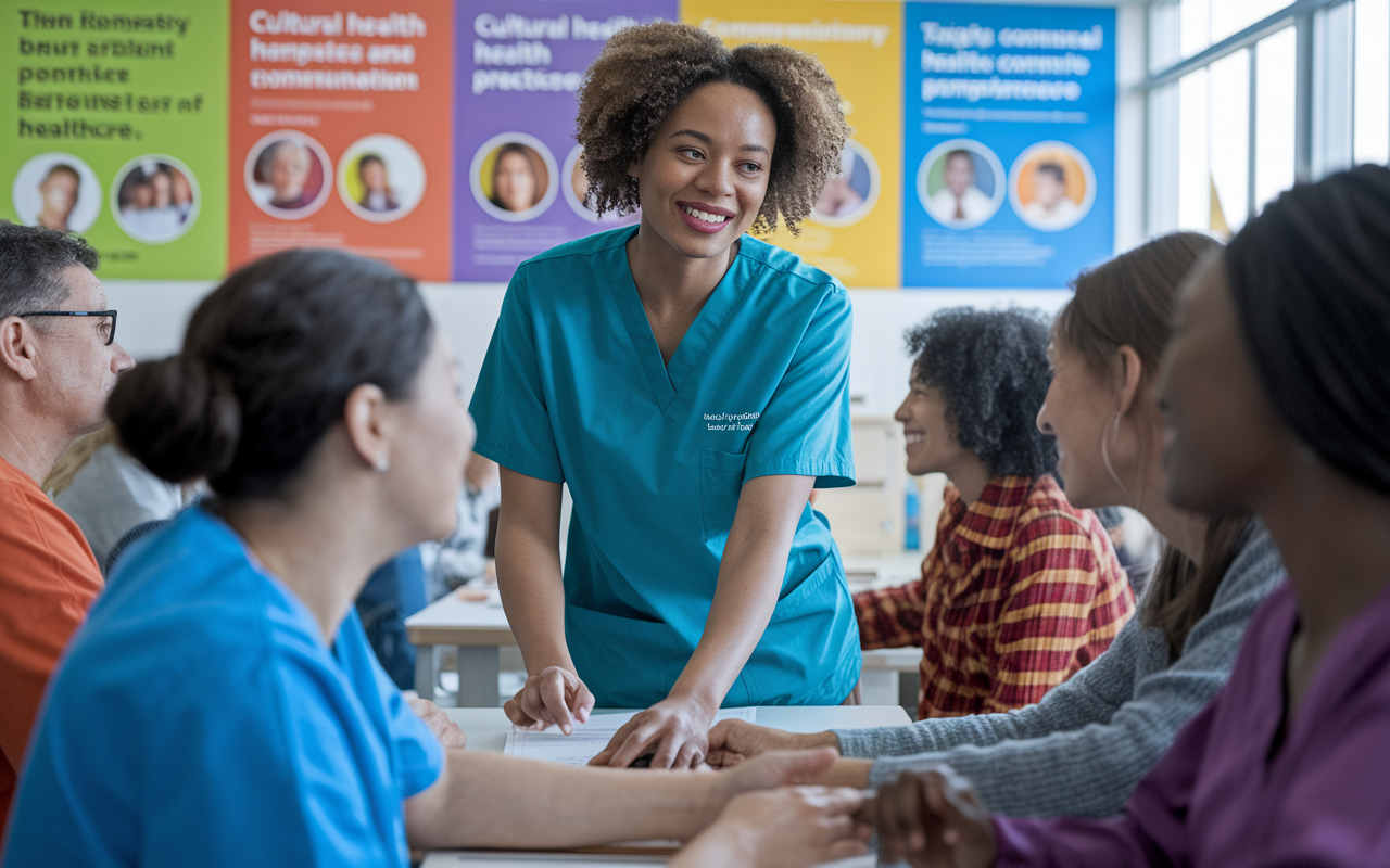 A volunteer assisting patients at a bustling community clinic, showcasing diversity in the patient pool. There are volunteers speaking different languages, bridging communication gaps. The clinic is filled with warmth and inclusivity, with bright colors and informative posters about cultural health practices displaying the importance of cultural competence in healthcare.