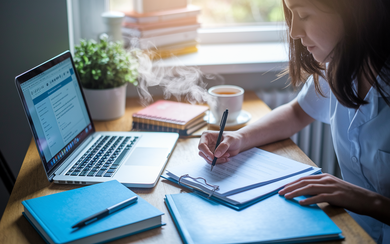 An eager student preparing their volunteer application at a cozy desk adorned with medical books and notes, with a laptop open displaying healthcare organization websites. A cup of tea steams beside them, creating a comfortable atmosphere of ambition and dedication. Sunlight filters through the window, symbolizing hope and enthusiasm for the journey ahead.