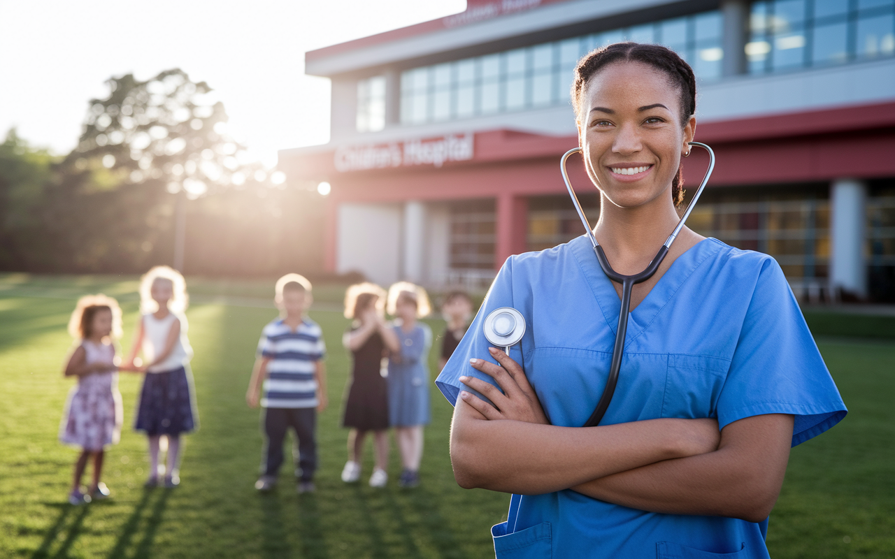 A determined woman stands confidently in front of a children’s hospital, reflecting on her volunteer days. She holds a stethoscope, smiling at children playing in the background. The scene is bathed in a warm sunset glow, symbolizing hope and the profound impact of her experiences in shaping her medical career.