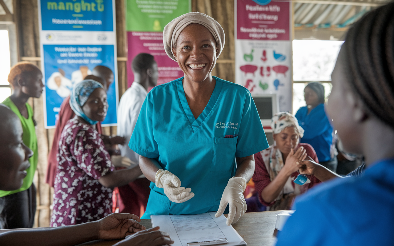 A dedicated volunteer in a rural clinic setting, surrounded by patients and healthcare workers. The setting is lively, showcasing the challenges of limited resources while emphasizing teamwork and compassion. Bright, natural light floods the room, with posters depicting health education, giving an insightful view into community-driven healthcare.