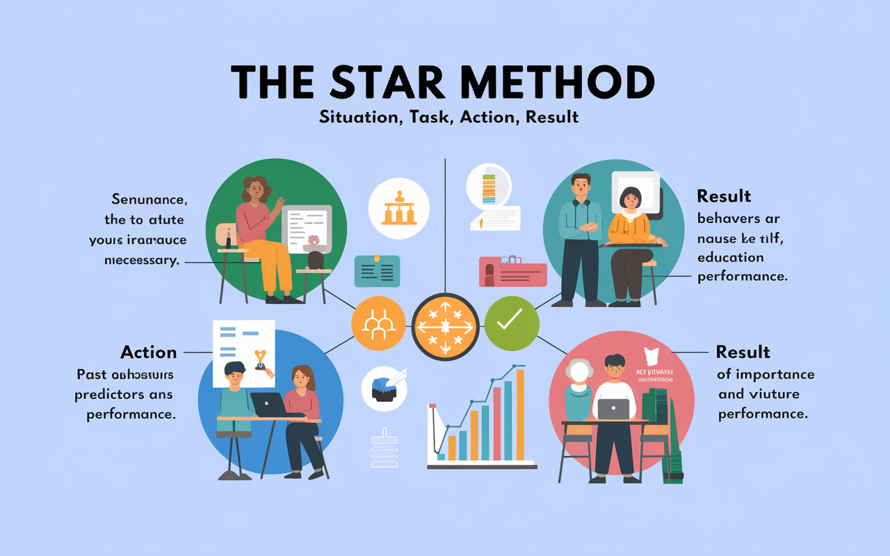 A clear and visually engaging diagram explaining the STAR method—Situation, Task, Action, Result—depicting real-life scenarios with icons representing each component. The background is subtle, allowing the colorful icons to pop, emphasizing the importance of past behaviors as predictors of future performance. The illustration should feel educational, modern, and inviting to viewers.