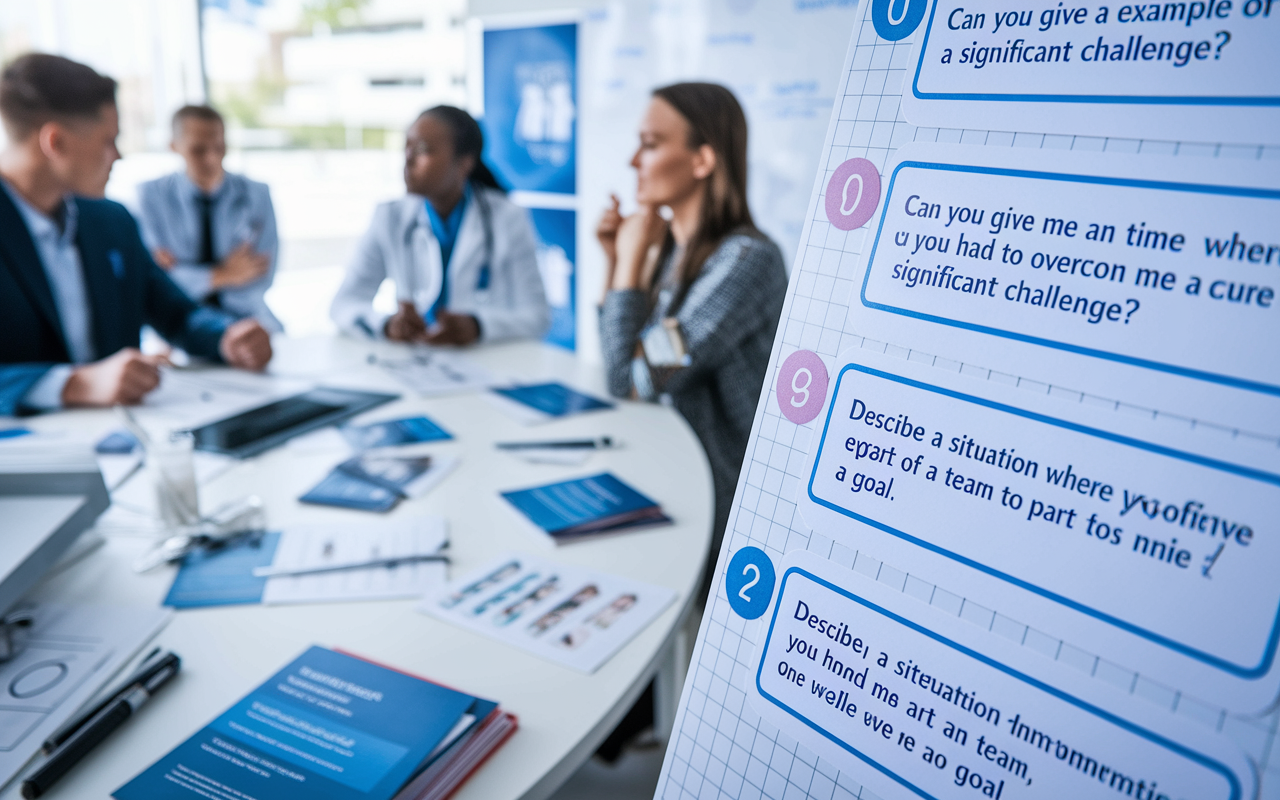 A close-up view of a medical interview setting illustrating various behavioral interview question prompts on a whiteboard. The board is filled with questions like 'Can you give me an example of a time when you had to overcome a significant challenge?' and 'Describe a situation where you worked as part of a team to achieve a goal.' The environment is bright and engaging, with interviewees seated nearby, immersed in thoughtful preparation. Various medical equipment and informational pamphlets are scattered around, emphasizing the healthcare context.