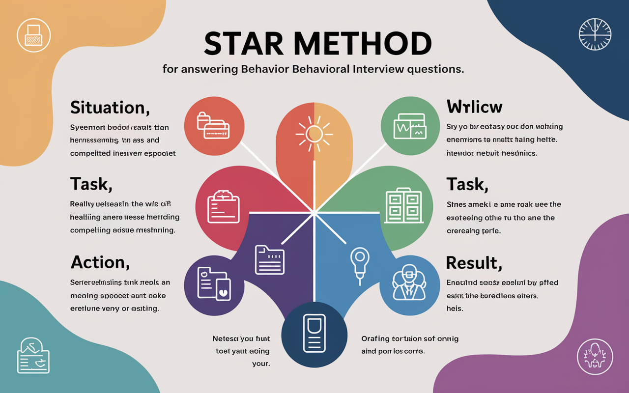 An illustrative infographic depicting the STAR method framework for answering behavioral interview questions. Each section (Situation, Task, Action, Result) is visually represented with icons and brief explanations. The background features a soft gradient of colors to make the content inviting and easy to read, with subtle healthcare-related graphics in the corners. This image encapsulates the method's systematic approach to crafting compelling interview responses.