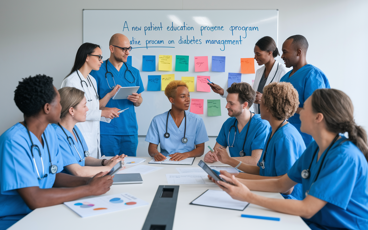 A diverse multidisciplinary team of healthcare professionals meeting in a hospital conference room, brainstorming ideas for a new patient education program on diabetes management. A whiteboard displays colorful charts and notes, showcasing their teamwork and creative process. The atmosphere is collaborative and energetic, with team members discussing passionately while holding charts, visual materials, and digital devices. The room is bright, and they are all engaged, reflecting diversity in gender and ethnicity, symbolizing inclusivity in healthcare.