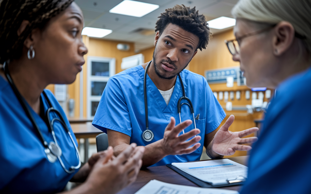 An intense yet constructive team meeting within a hospital setting, where a young team lead mediates a discussion between two colleagues with differing views on patient management. The scene captures the collaborative tension as both colleagues articulate their thoughts while the lead facilitates the dialogue with empathy. The background features typical hospital decor, with medical equipment and a patient care chart visible, emphasizing the serious nature of the discussions. The focus is on the expressions, showcasing a range of feelings from concern to resolution.