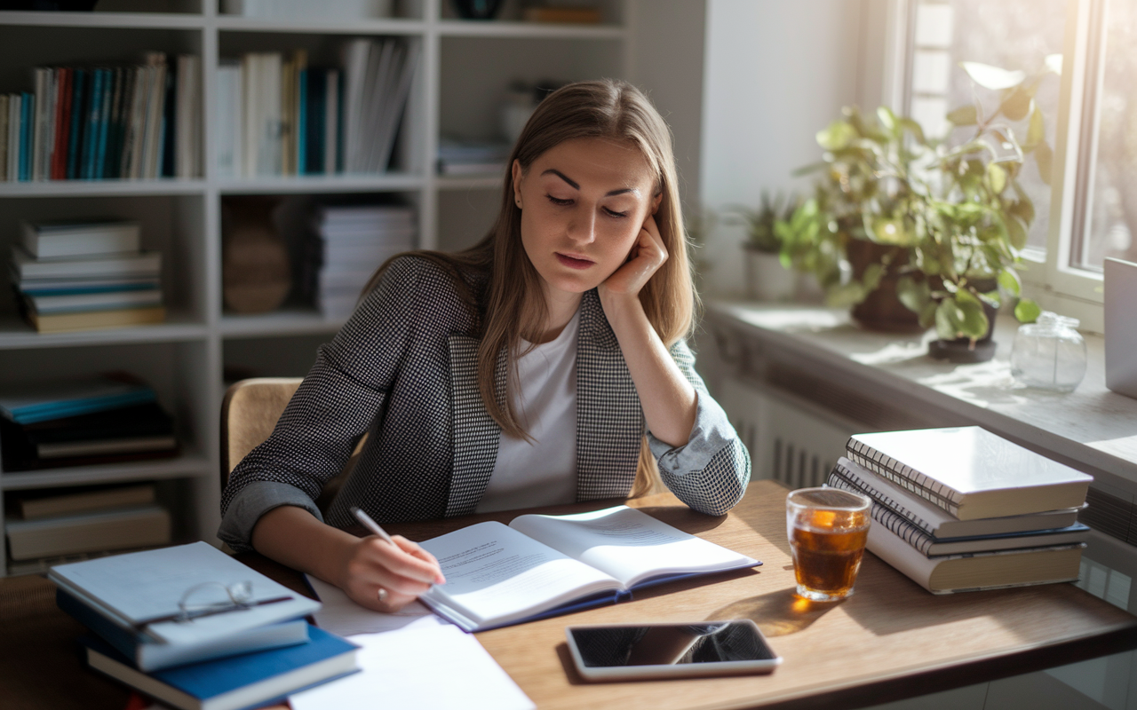 A determined young woman studying for a medical interview in a cozy, well-lit study room. She is surrounded by books, notes, and electronic devices, creating a focused and scholarly atmosphere. Natural light floods through the window, illuminating her thoughtful expression as she reviews notes on behavioral interview techniques. A cup of tea sits beside her, signifying comfort and preparation. The scene captures the essence of dedication and the pursuit of success in medical interviews.