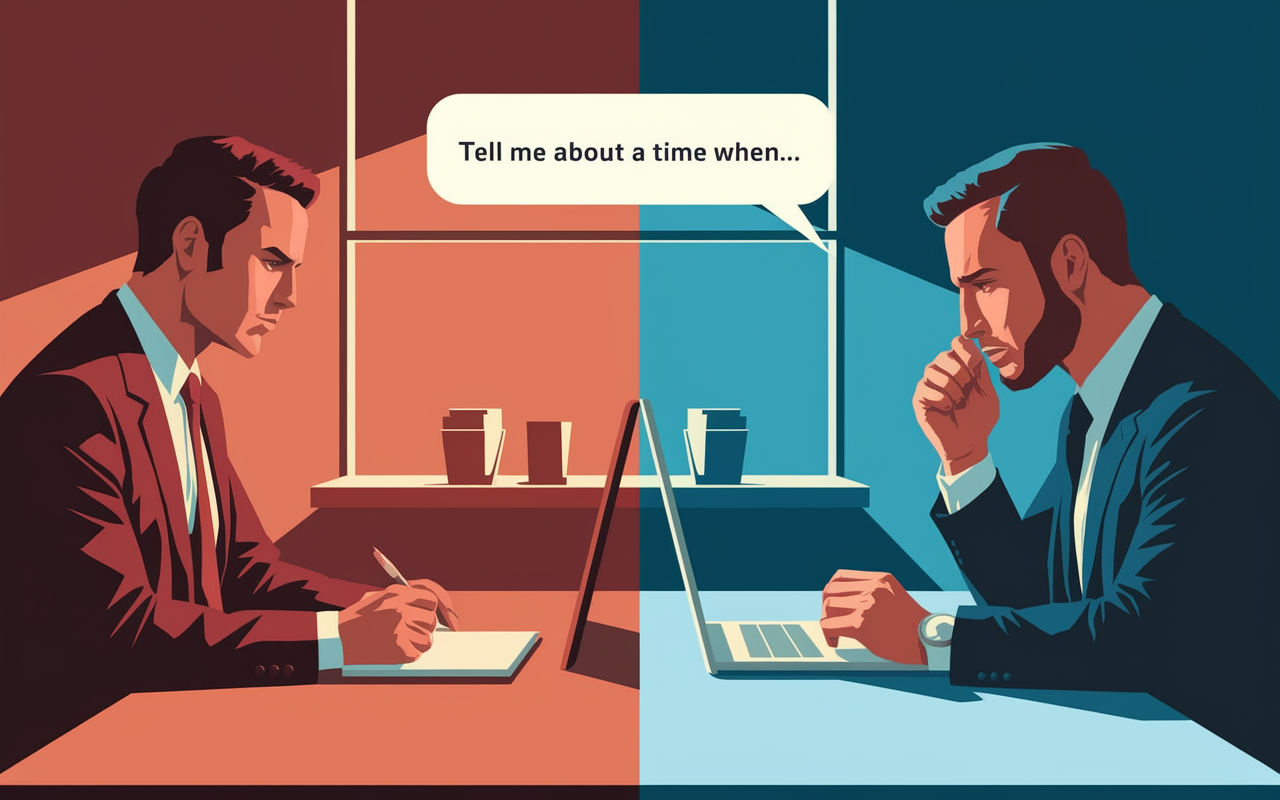 An artistic representation of a behavioral interview scene. A split view: on one side, a focused interviewer with a notepad asking questions like 'Tell me about a time when...', in a stylish, well-lit office; on the other side, a candidate thoughtfully responding, with a hint of stress but also confidence in their posture. Emphasize the contrasting emotions of anxiety and poise using warm and cool tones, creating a dynamic visual narrative.