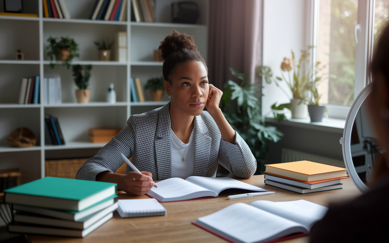 An image of a young candidate surrounded by textbooks and notes at a study desk in a cozy, organized room. The atmosphere is focused and calm, with natural light flooding in through a window, highlighting a confident demeanor as the candidate practices responses in front of a mirror. Soft shadows and warm tones create an inviting environment, emphasizing the importance of preparation.