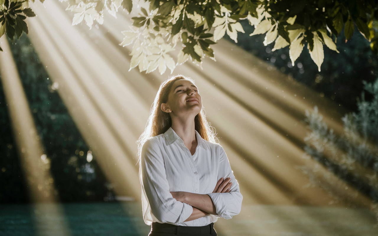 A serene scene showing a candidate in a peaceful environment, perhaps a park or a garden, closing their eyes and smiling, visualizing a successful interview ahead. Gentle rays of sunlight filter through leaves, creating a warm glow around the candidate, symbolizing positivity and self-belief.