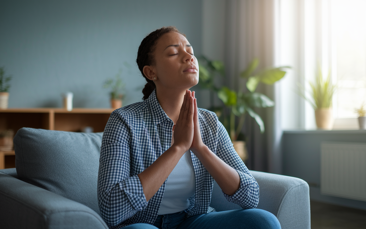 An image depicting a candidate sitting calmly in a quiet room, eyes closed, practicing deep breathing before their interview. The serene atmosphere is enhanced by soft colors and gentle light, portraying a sense of tranquility and control over their emotions.