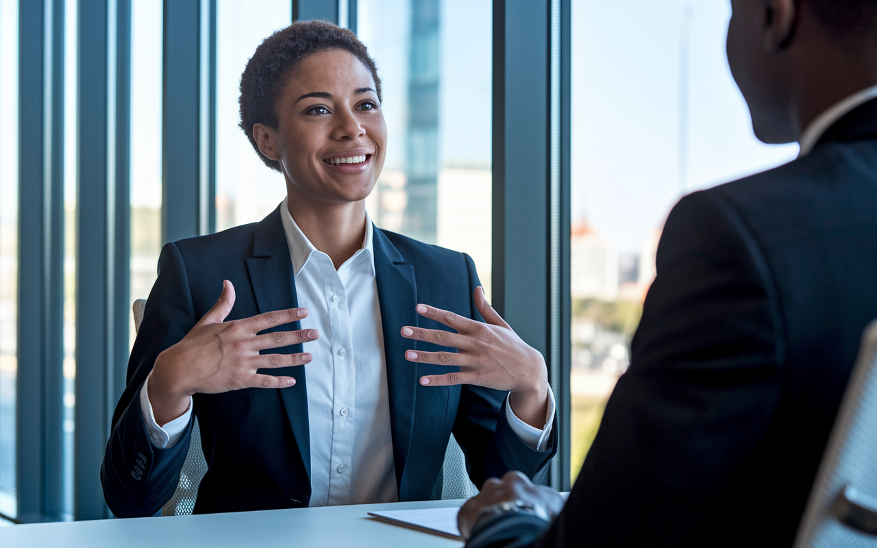 A close-up of a candidate confidently sitting in an interview, actively engaging with the interviewer. Their posture is open, shoulders back, with a sincere smile, maintaining eye contact. The background shows a bright, sophisticated office with a large window, symbolizing the high stakes of the situation. The scene conveys a moment of powerful connection.