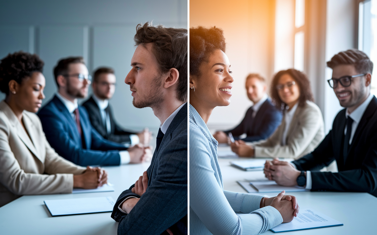 A split scene showing two interview settings. On the left, a candidate appears tense and closed off with crossed arms and downcast eyes during an interview. On the right, another candidate is engaged with open body language, leaning slightly forward with a smile and making eye contact. In the background, a diverse panel of interviewers is attentively listening, with expressions of interest on their faces. The lighting in the right scene is warm and inviting, while the left scene is cooler and more subdued.