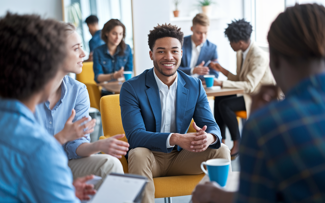 A group of diverse young professionals gathered in a bright room, practicing mock interviews. One candidate is seated in an interview chair with a confident posture and relaxed demeanor, while a peer acts as the interviewer, offering feedback. In the background, a mirror reflects the candidates' body language, showing open stances and engaged expressions. The atmosphere is supportive, with JavaScript coffee mugs on the table symbolizing camaraderie and learning.