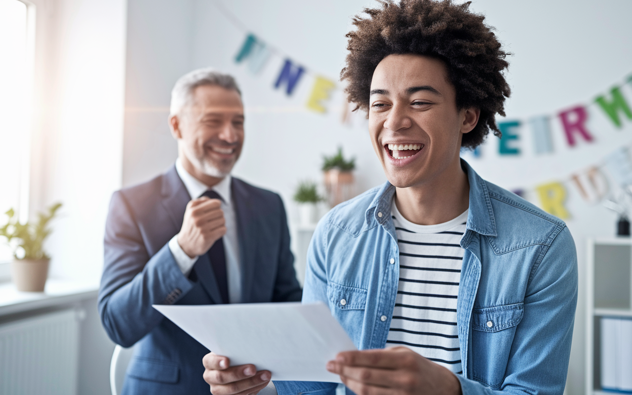 A joyful moment captured as a candidate receives an admission offer for medical school. The individual is in a bright, cheerful office with medical-themed decorations. They are holding a letter in their hand, with a wide smile and a look of excitement. In the background, the interviewer, a middle-aged professional, happily congratulates the candidate, reflecting a positive and successful interview experience. Soft, radiant lighting enhances the celebratory atmosphere.