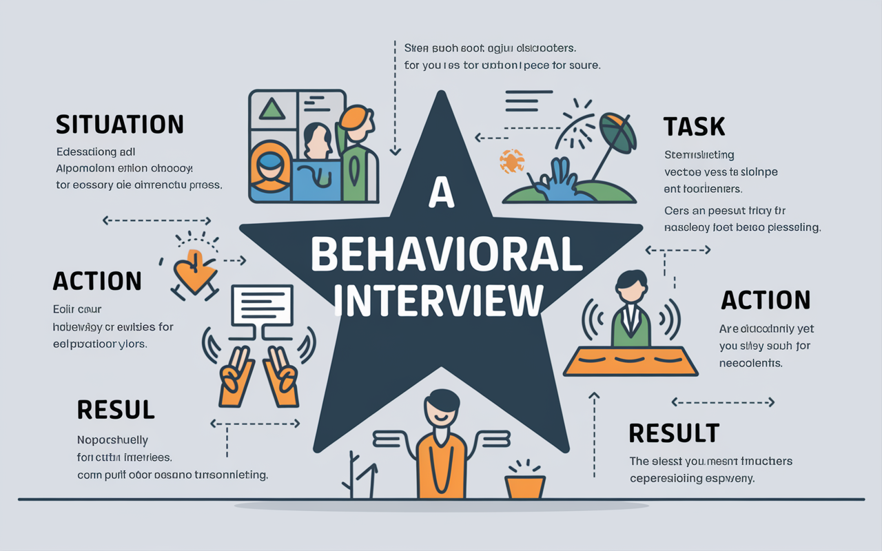 An infographic-style illustration depicting the structure of a behavioral interview using the STAR method. It includes convincing graphics and icons for Situation, Task, Action, and Result elements. The design is engaging, colorful, and easy to understand, encapsulating the interview process in a clean layout. The background is subtle to ensure the main information stands out, creating an educational yet visually appealing piece for job seekers.