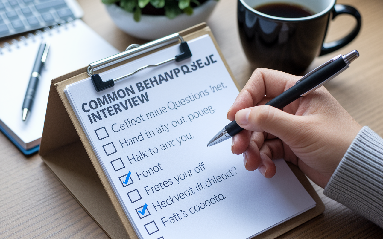 An organized checklist displayed on a desktop, featuring a series of common behavioral interview questions. A hand holding a pen is poised to check off items, with a notepad and coffee mug in the background, reflecting a productive setting. The overall ambiance is encouraging and motivational, signifying preparation and readiness.