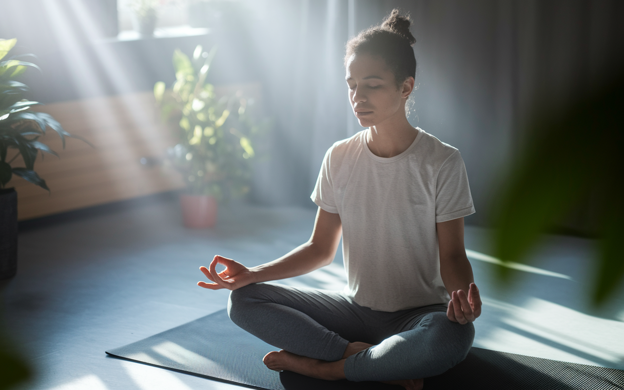 A tranquil scene in a quiet room, where a young person sits cross-legged on a meditation mat, practicing deep breathing. Soft morning light filters through the window, creating an aura of calmness. The person’s facial expression is serene, depicting a moment of mindfulness and control over anxiety, with plants in the background enhancing the peaceful environment.