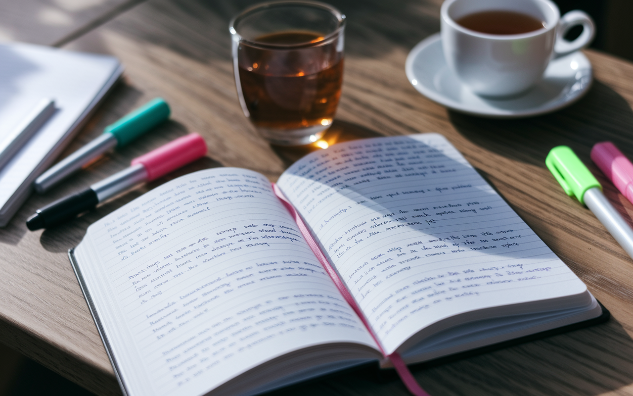 A close-up of an open journal spread on a wooden table, filled with handwritten notes reflecting on an interview experience. Pens and highlighters are scattered around, along with a cup of tea, creating an inviting atmosphere that encourages introspection. The soft afternoon light shining on the page enhances the reflective nature of the moment.