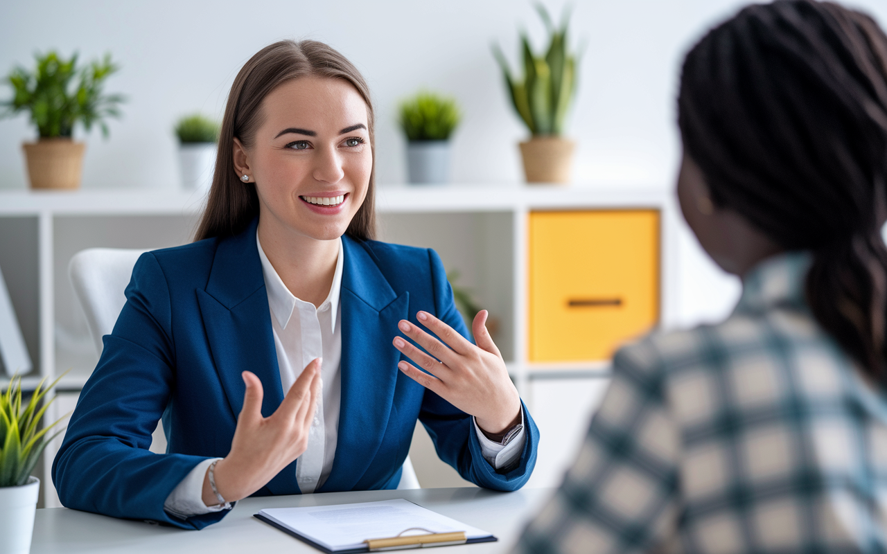 A confident young woman, Sarah, in professional attire sitting at a desk in an interview setting. She is engaging positively with the interviewer, confidently articulating her experiences as a medical intern. The interview room is bright and welcoming, decorated with plants and soft colors, conveying a sense of encouragement and professionalism. The dynamic between Sarah and the interviewer reveals a strong connection, showcasing her preparedness and growth.