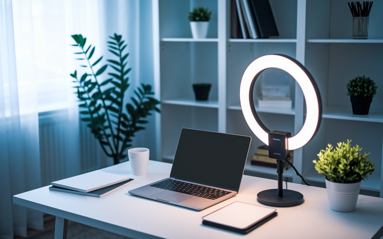 A visually appealing home office setup for virtual interviews, showcasing a laptop on a tidy desk, a ring light providing soft illumination, and a clean backdrop of a bookshelf. The space is quiet and serene, with light filtering through curtains, creating an organized and calming environment. Elements like a potted plant and minimal decor reflect professionalism and ensure focus on the candidate.