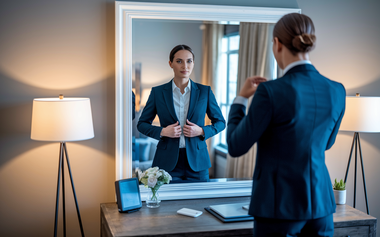 A professional medical candidate preparing for a virtual interview while wearing a smart business suit, presenting a confident demeanor. The candidate is adjusting their blazer and checking their reflection in a mirror. The home office is stylishly decorated, effectively blending professionalism with a personal touch. Soft lighting enhances the scene's sophistication.