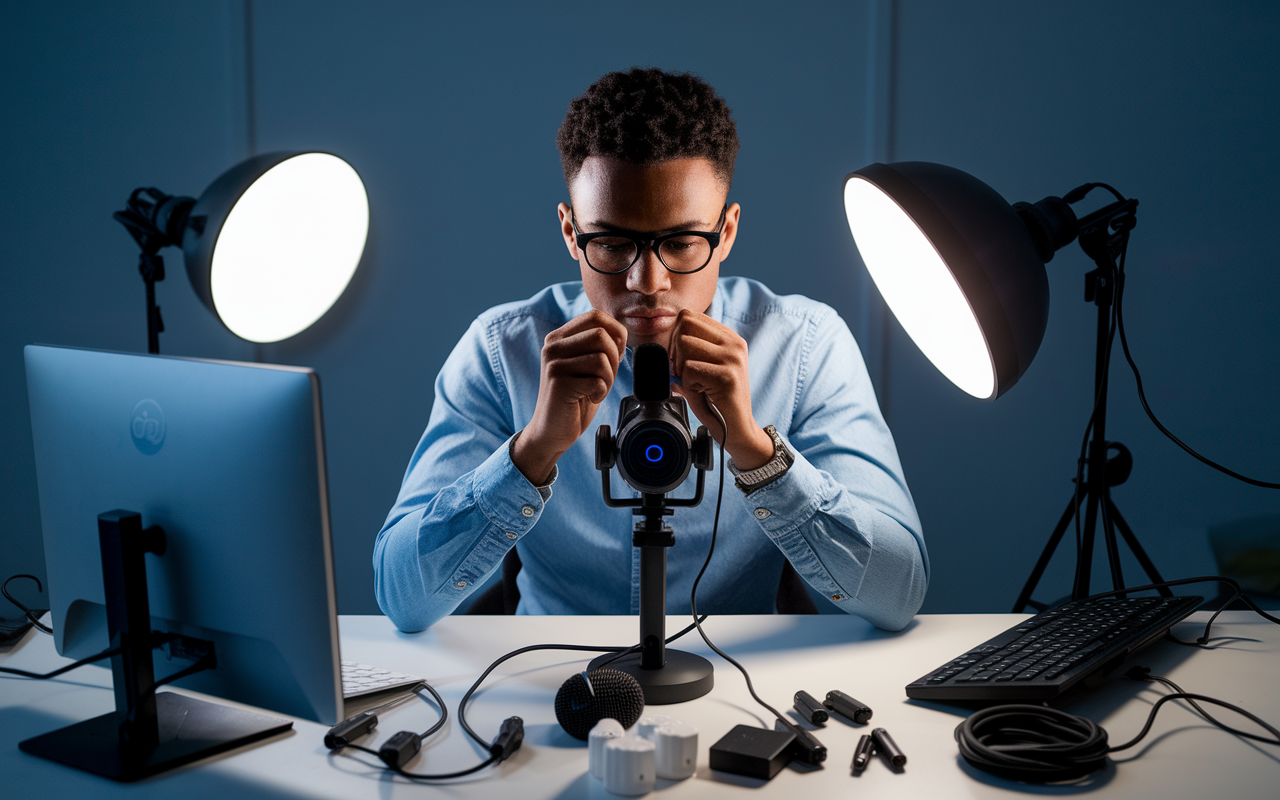 A focused candidate sitting at their desk, surrounded by technology. They are testing a webcam and microphone with a computer screen displaying the video conferencing software. Various tech gadgets including earphones, chargers, and spare cables are neatly organized. The lighting is bright and functional, illuminating the candidate's concentrated expression.