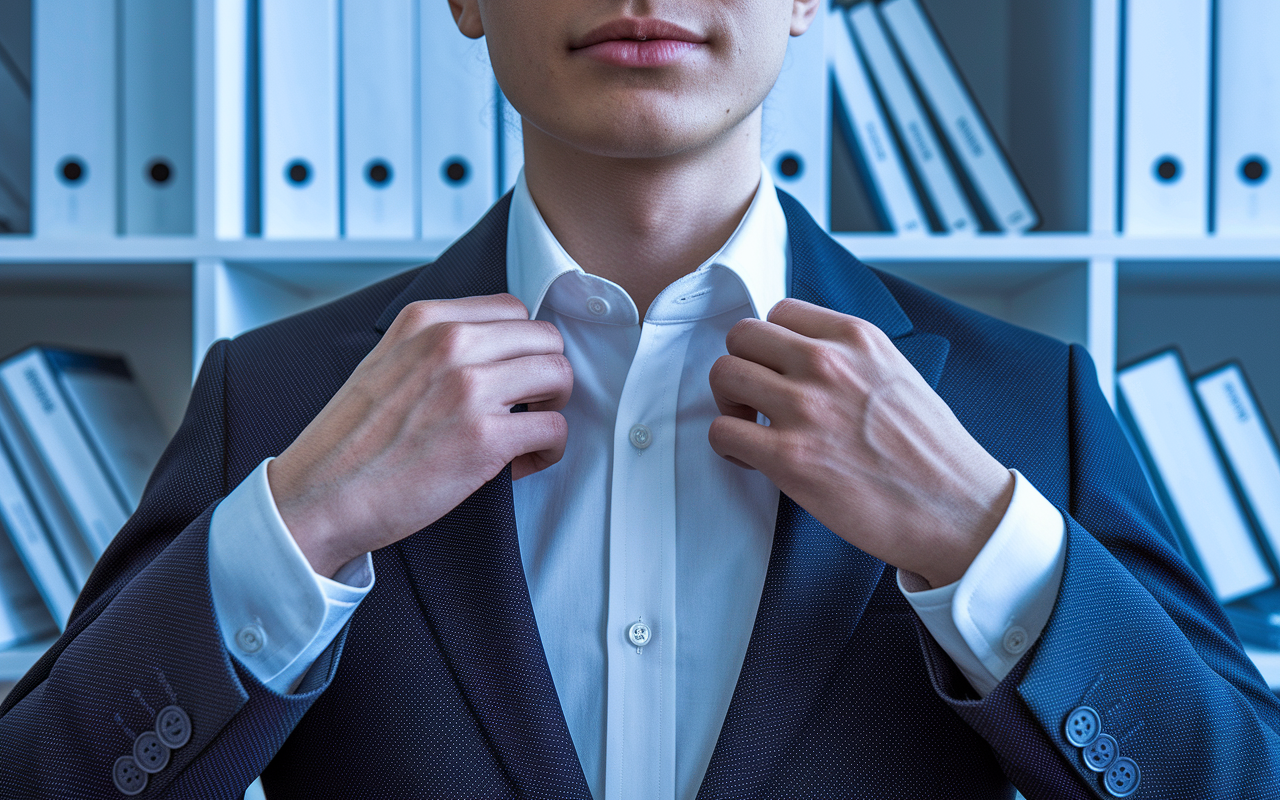 A close-up shot of a candidate in formal interview attire, showcasing a smart blazer and a neatly ironed shirt. The background features a tidy office environment with a bookshelf filled with medical literature. The candidate is adjusting their collar in preparation for their video interview, embodying professionalism and readiness.