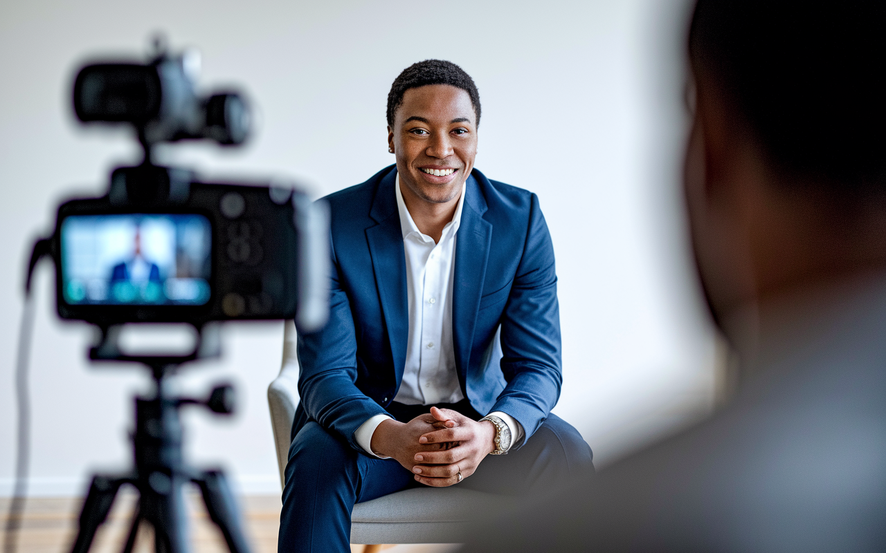 A candidate sitting in a well-lit room, demonstrating positive body language during a video interview. They are sitting upright, leaning slightly forward with a friendly expression. The camera captures their eye contact with the lens, illustrating engagement. The background is simple, ensuring that the focus remains on the candidate's confident demeanor.