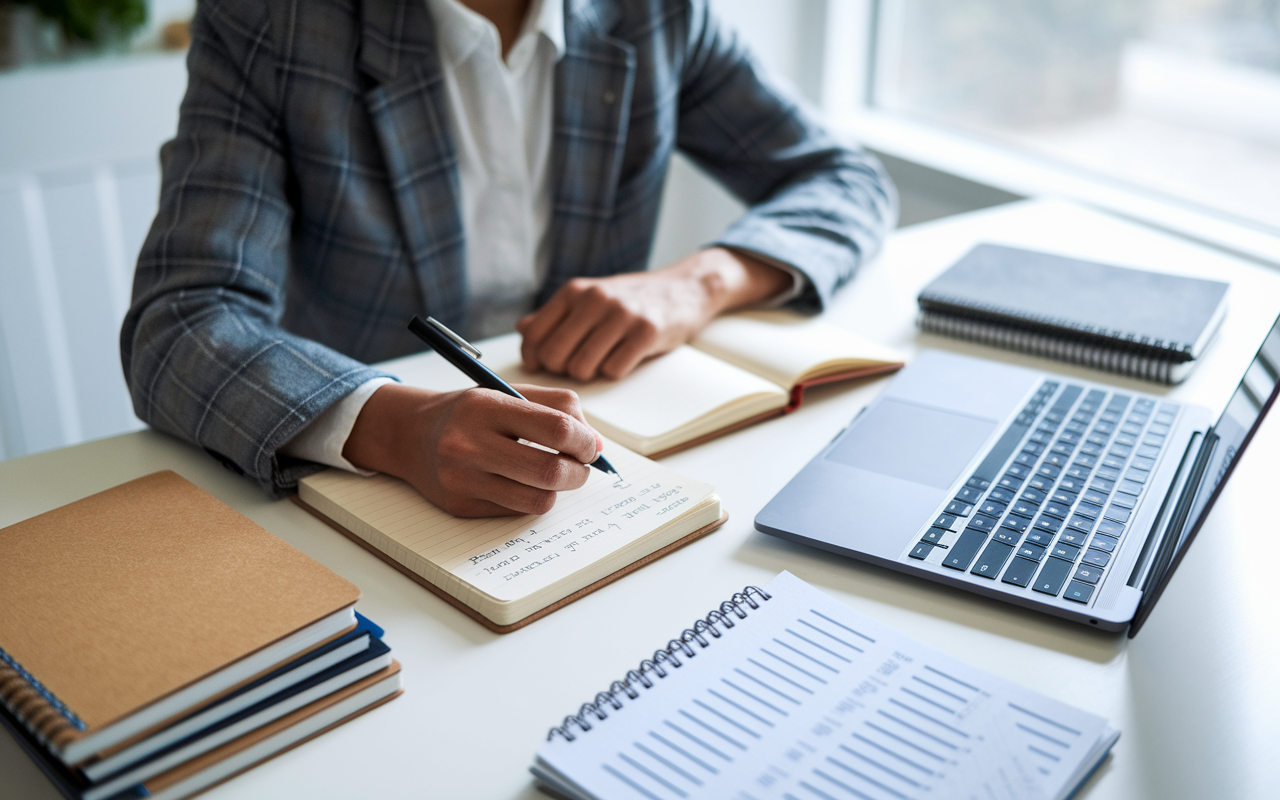 A candidate sitting at their desk, surrounded by notebooks and a laptop with interview notes open on the screen. They are writing down responses to potential interview questions, looking determined and focused. The setting is bright and organized, creating an atmosphere of preparation and commitment.