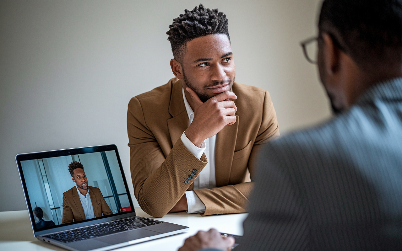 A candidate during a video interview, leaning slightly forward with a thoughtful expression, ready to ask questions. The laptop screen displays the interviewer attentively listening, suggesting an engaging interaction. The background remains neutral, keeping the focus on the engaging dialogue.