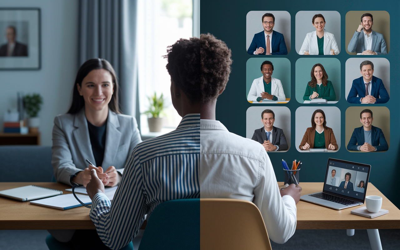 A split-screen image featuring a virtual residency interview in progress. On one side, an applicant sits attentively in a well-lit, quiet room, engaging with the camera. On the other side, multiple interviewers appear in small boxes, each in their own professional settings. The overall atmosphere is formal yet friendly, with the colors muted to maintain focus on the individuals. Subtle details include a laptop, notepads, and pens, conveying a sense of professionalism and engagement.