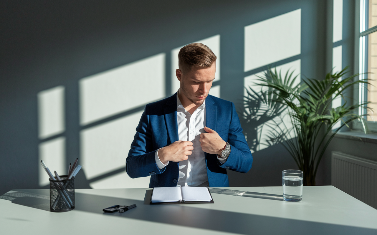 An applicant adjusting their virtual interview setup in a quiet, clutter-free room. Natural light streams through a window, illuminating the space. The applicant is positioned in front of a clean, neutral background, creating a professional atmosphere. Elements of preparation like a notepad and a glass of water are on the desk, reflecting an organized and thoughtful approach to the interview.