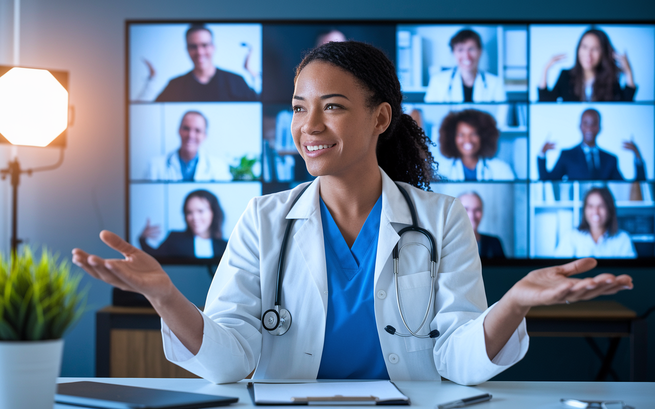 A focused medical applicant during a virtual residency interview, demonstrating engaging communication skills. The applicant maintains eye contact with the camera and presents an open posture, conveying confidence. The background is an organized workspace, while the screen displays snippets of interviewers nodding in approval. The scene is brightly lit, enhancing the warm atmosphere and emotional connection during the interaction.