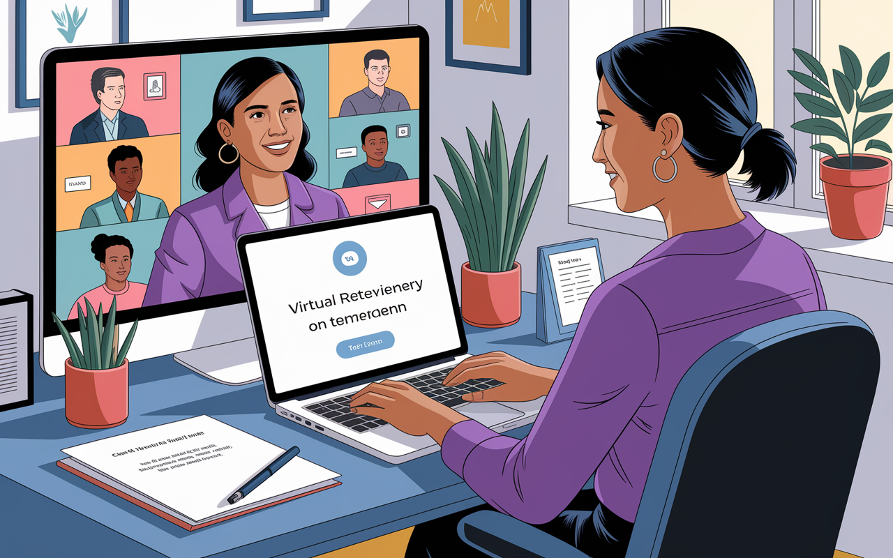 An illustration of a successful virtual residency interview scenario. The applicant, Samantha, appears confident as she engages with interviewers on a laptop screen, with a split view showing her personalized thank-you email being drafted after the interview. The room reflects professionalism, featuring a clean desk and subtle decorations. The scene is lively and bright, evoking a sense of achievement and connection.