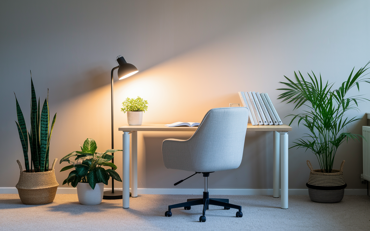 A serene home office setup designed for an online interview. The space is minimalistic with a single desk, a comfy chair, and a neutral-colored wall. A well-placed lamp provides warm lighting, eliminating shadows. A few potted plants add a touch of greenery, while a neatly stacked collection of medical journals rests on the desk. The scene conveys calmness and professionalism, perfect for a remote residency interview.