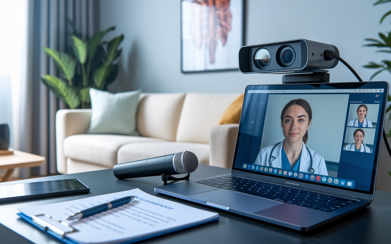 A close-up view of a well-organized workspace prepared for a virtual residency interview, featuring a laptop with video conferencing software open. The scene includes a high-quality external webcam, a microphone, and notes with interview preparation questions. The background is a tidy, well-lit room with a neutral wall and an inspiring medical poster. The atmosphere conveys a sense of professionalism and readiness.